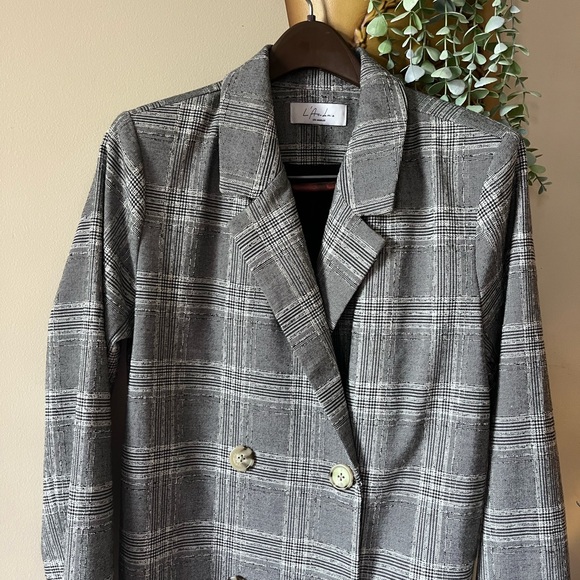L'Academie Gray Plaid Double-Breasted Wool Blend Trench Coat - Picture 2 of 7